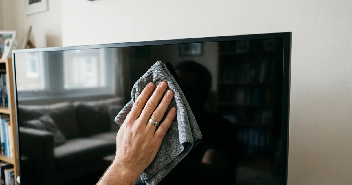 Mão passando um pano de microfibra cinza na tela desligada de uma televisão na sala