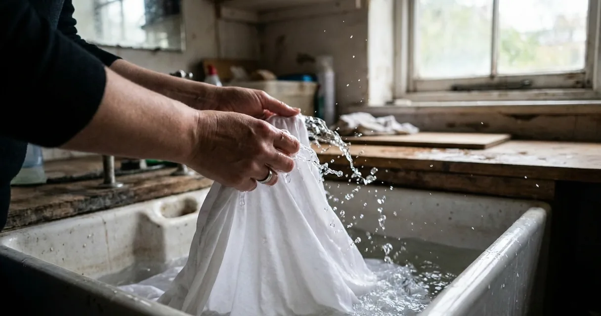 Mãos enxaguando um lençol branco de algodão em água fria corrente no tanque
