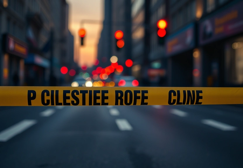 Rua da cidade ao anoitecer com faixa de isolamento policial